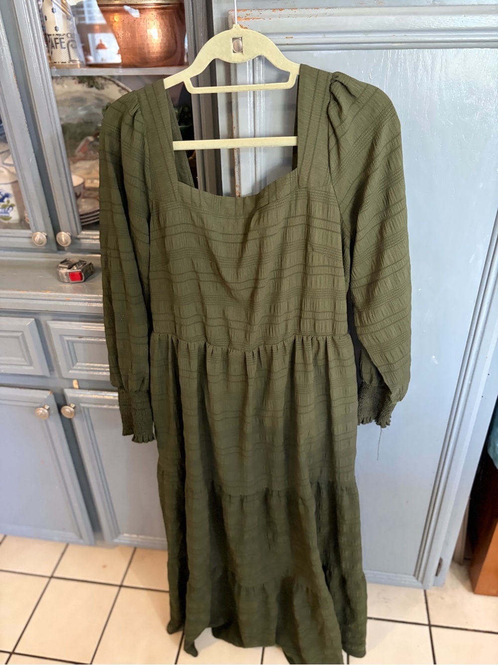 Olive Green Tiered Maxi Dress with Smocked Cuffs
